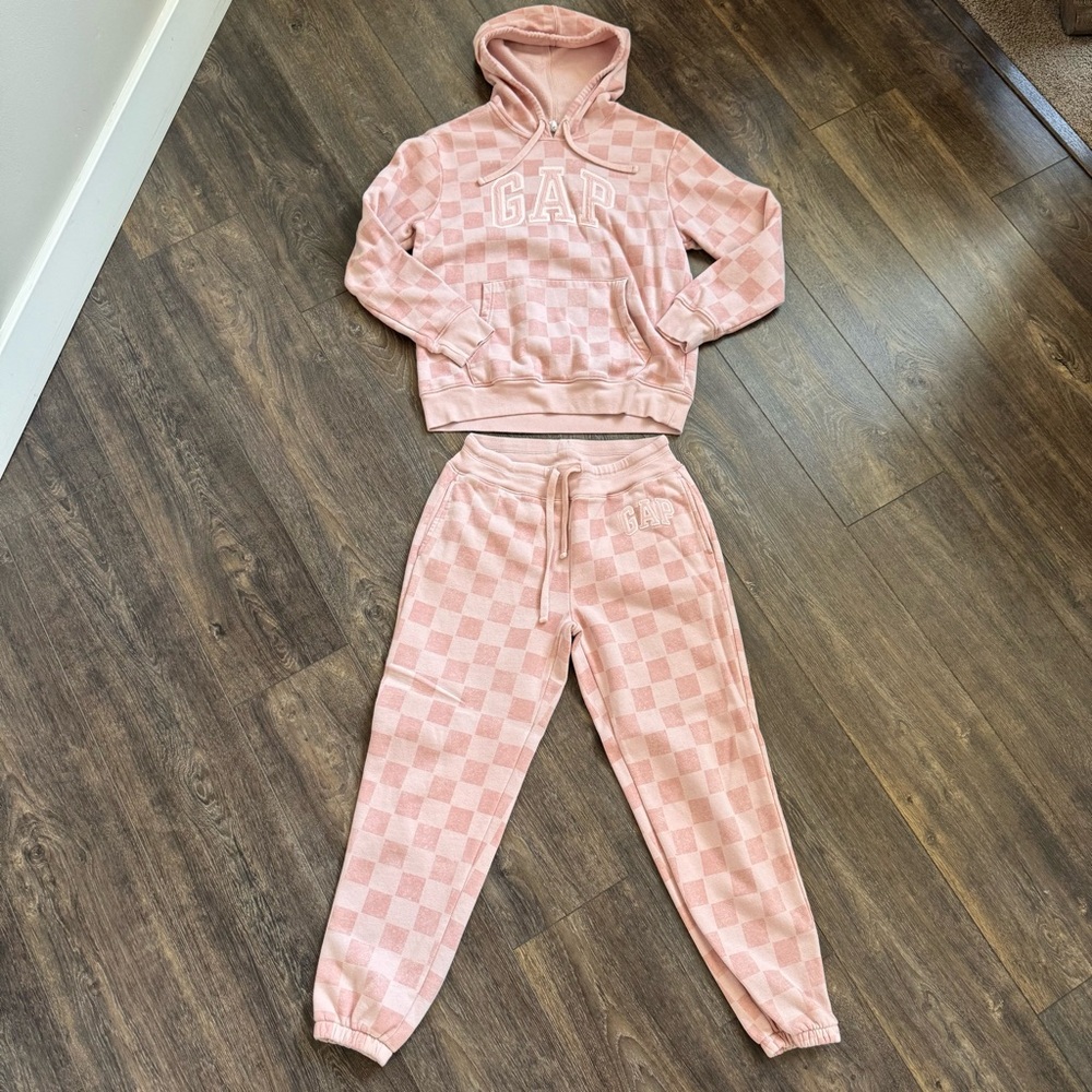 GAP Pink Plaid Checkered Hoodie and Joggers Set Sweatshirt size Small